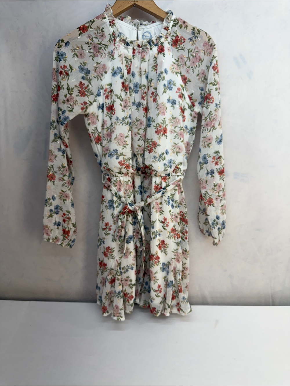Blue Rain White Floral Long-Sleeve Tie-Waist Mini Dress